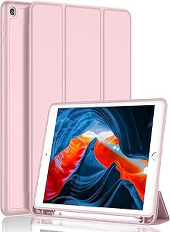 Oaky Smart Case for iPad 9/8/7 Generation 10.2 inch (2021/2020/2019) Pencil Holder, PU Lather, Trifold Stand, Auto Wake/Sleep, Soft TPU Back Case Cover - Pink